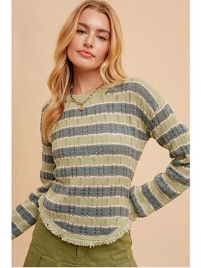 Hem & Thread Sage & Blue Striped Knit Top M New